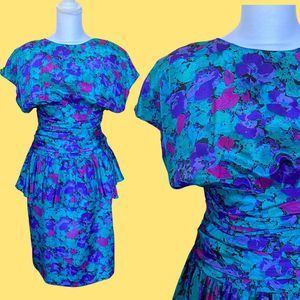 Vintage 1990’s All That Jazz Floral Peplum Ruched Jewel Tone Snatched Dress